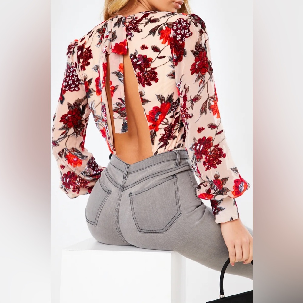 Nude Floral Wrap Front Tie Back Bodysuit